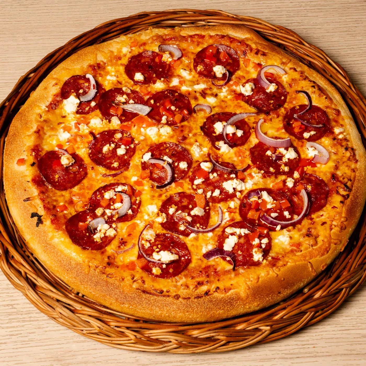 Chorizo Inferno with chorizo, feta and red onion.